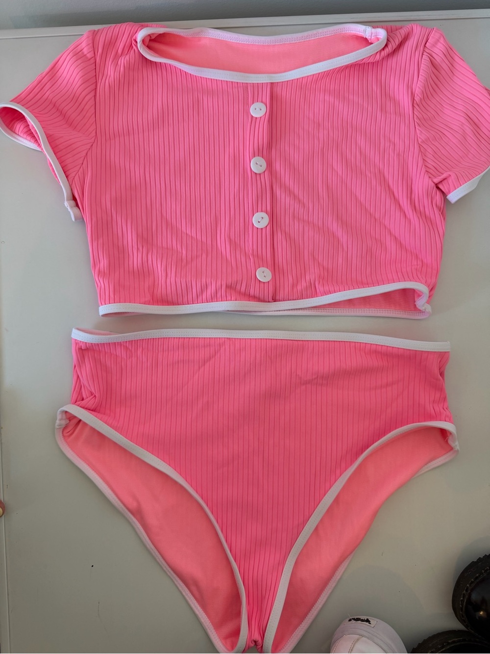 Nordstrom Girls Pink Ribbed Two-Piece Swimsuit with White Trim